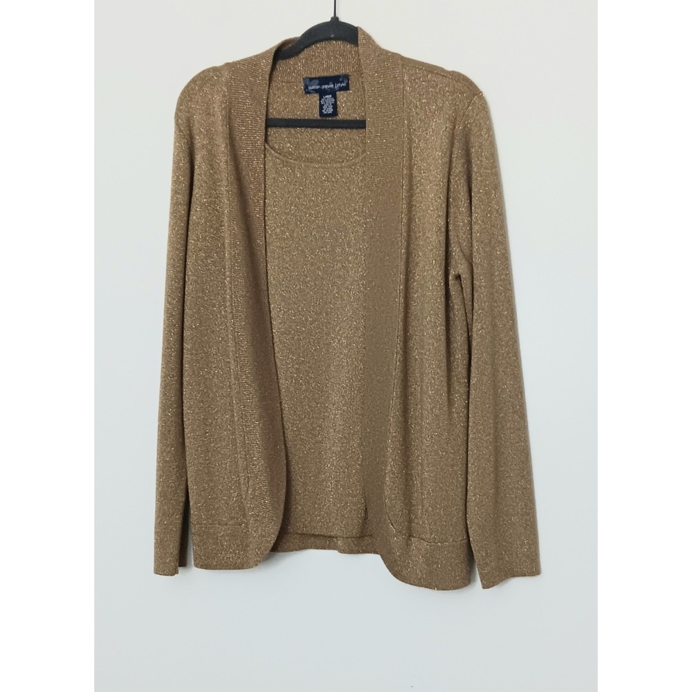 Susan Graver Sweater Women's Size Large Metallic Faux Twinset Cardigan Pull On